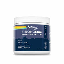 Solaray StrongMag magnesium and creatine powder supplement container with white lid and dark blue label.