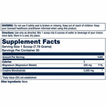 Supplement Facts label for Strong Mag powder showing magnesium malate and creatine monohydrate with usage instructions and wa