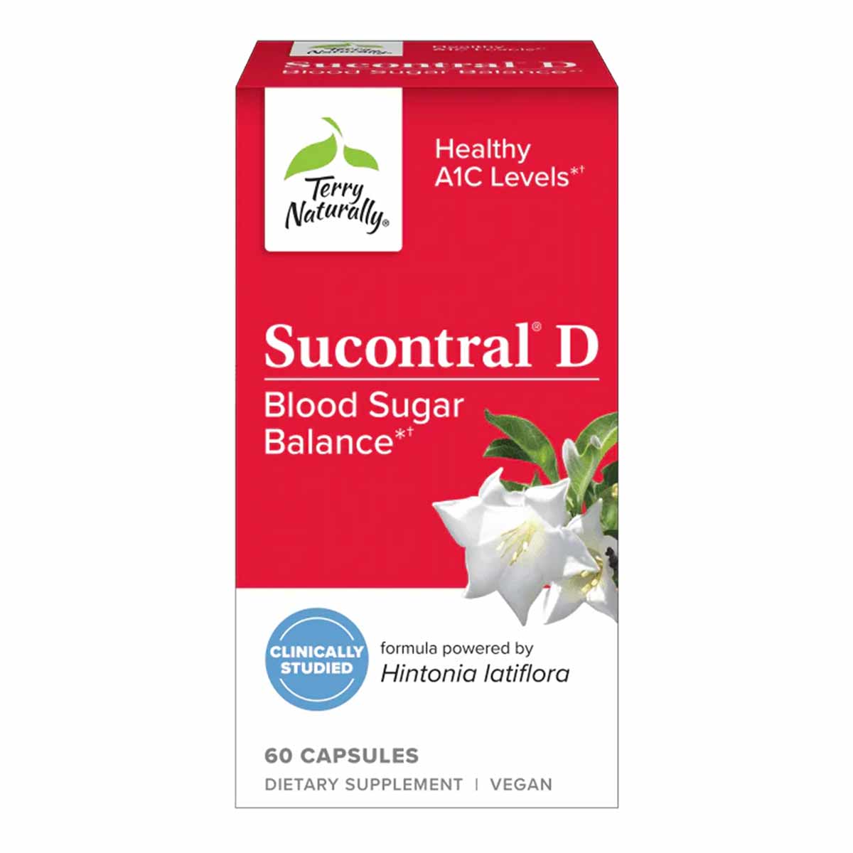 Red box of Sucontral D Blood Sugar Balance dietary supplement by Terry Naturally, 60 vegan capsules.