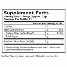 Supplement Facts label showing serving size of 1 scoop, 31 servings per bottle, with 6g dietary fiber and 7g Sunfiber guar fi