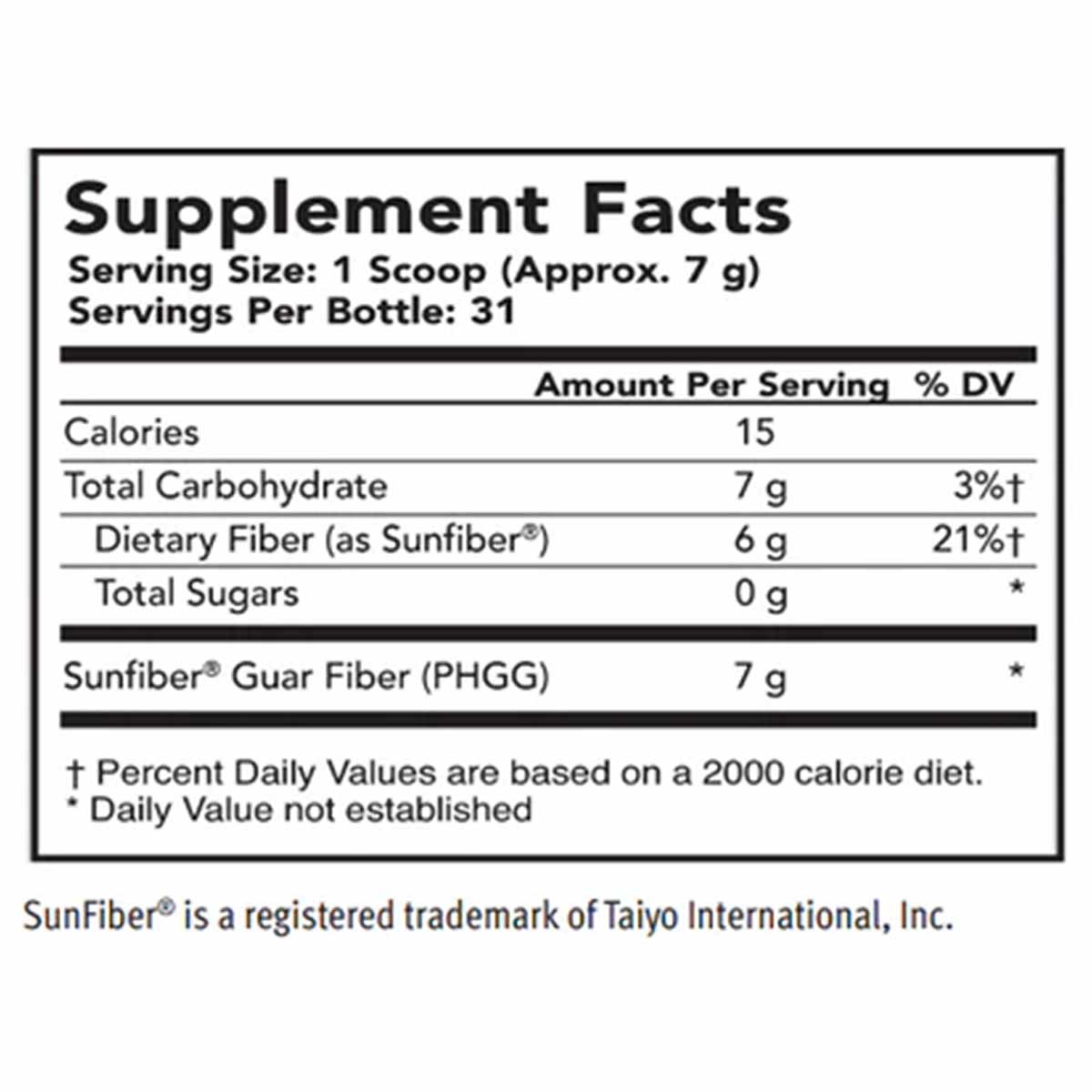 Supplement Facts label showing serving size of 1 scoop, 31 servings per bottle, with 6g dietary fiber and 7g Sunfiber guar fi