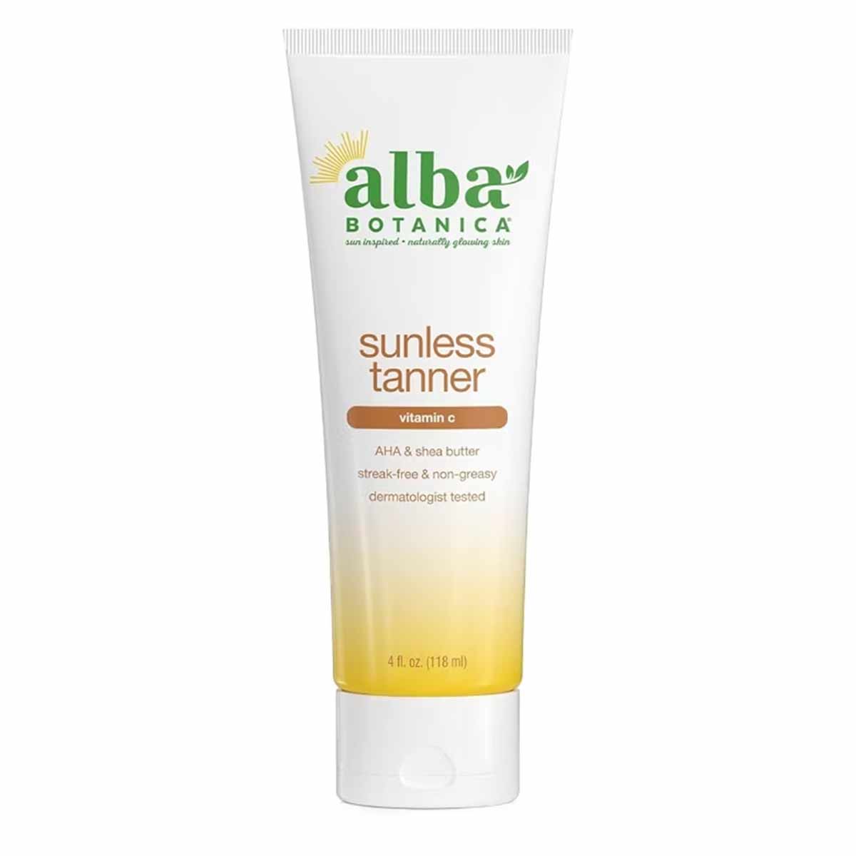 Alba Botanica sunless tanner tube with white and yellow gradient packaging, 4 fl oz size.