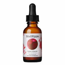 Amber glass dropper bottle of Mad Hippie Super A Serum with black cap and white label featuring a pink circular design.