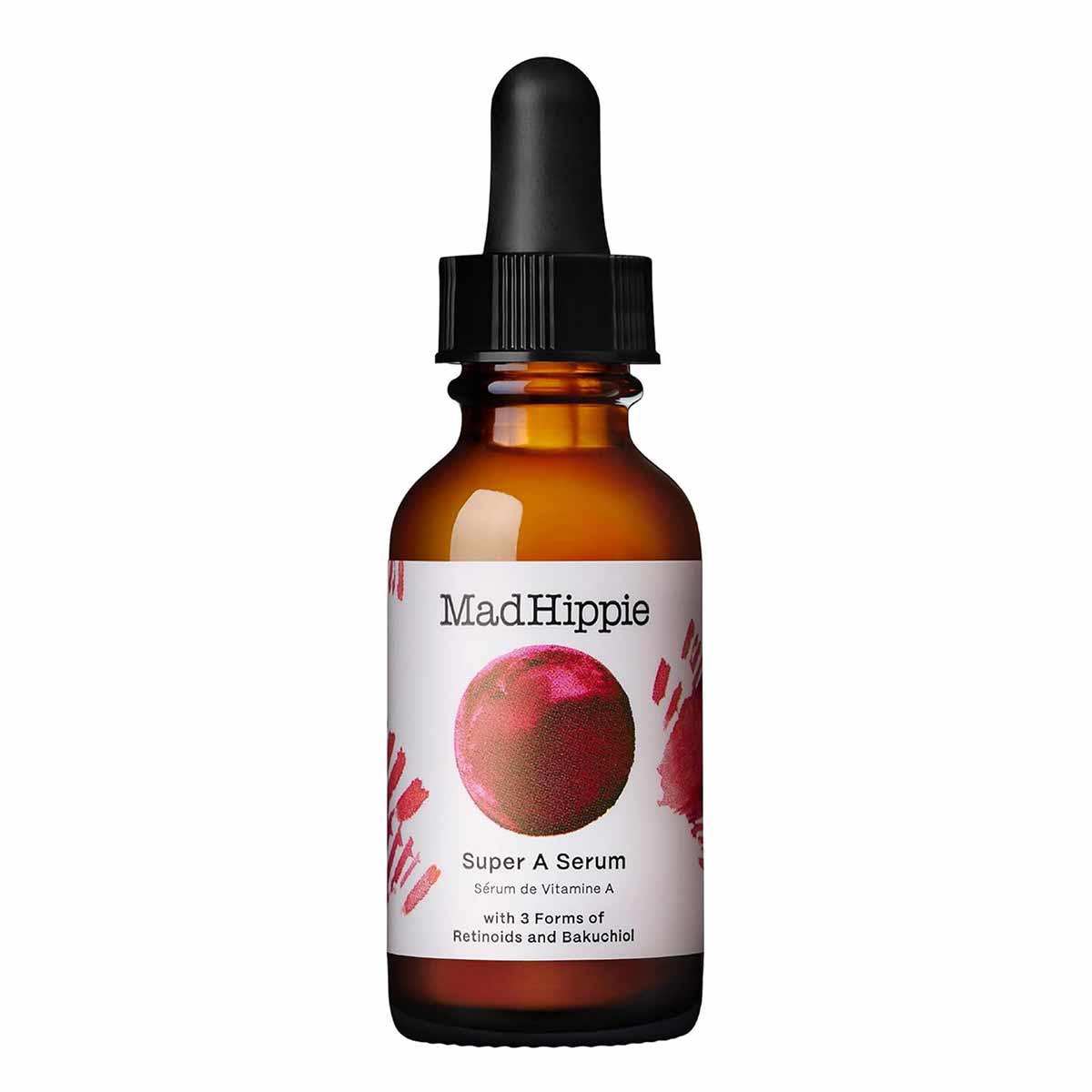 Amber glass dropper bottle of Mad Hippie Super A Serum with black cap and white label featuring a pink circular design.