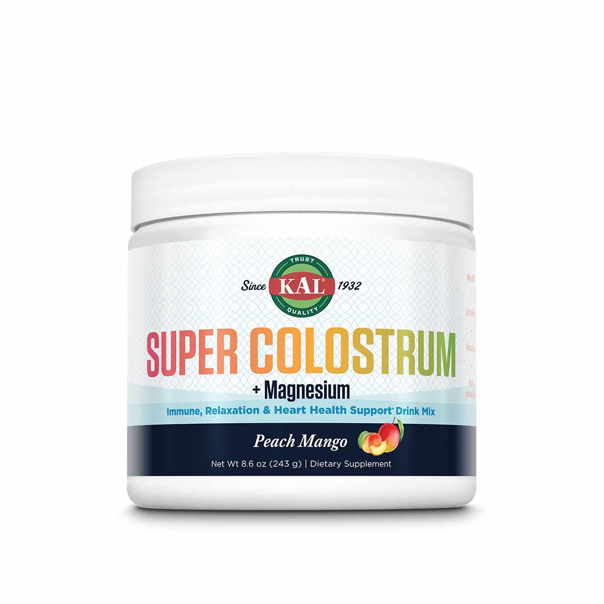 White container of Kal Super Colostrum + Magnesium powder in Peach Mango flavor, 8.6 oz.