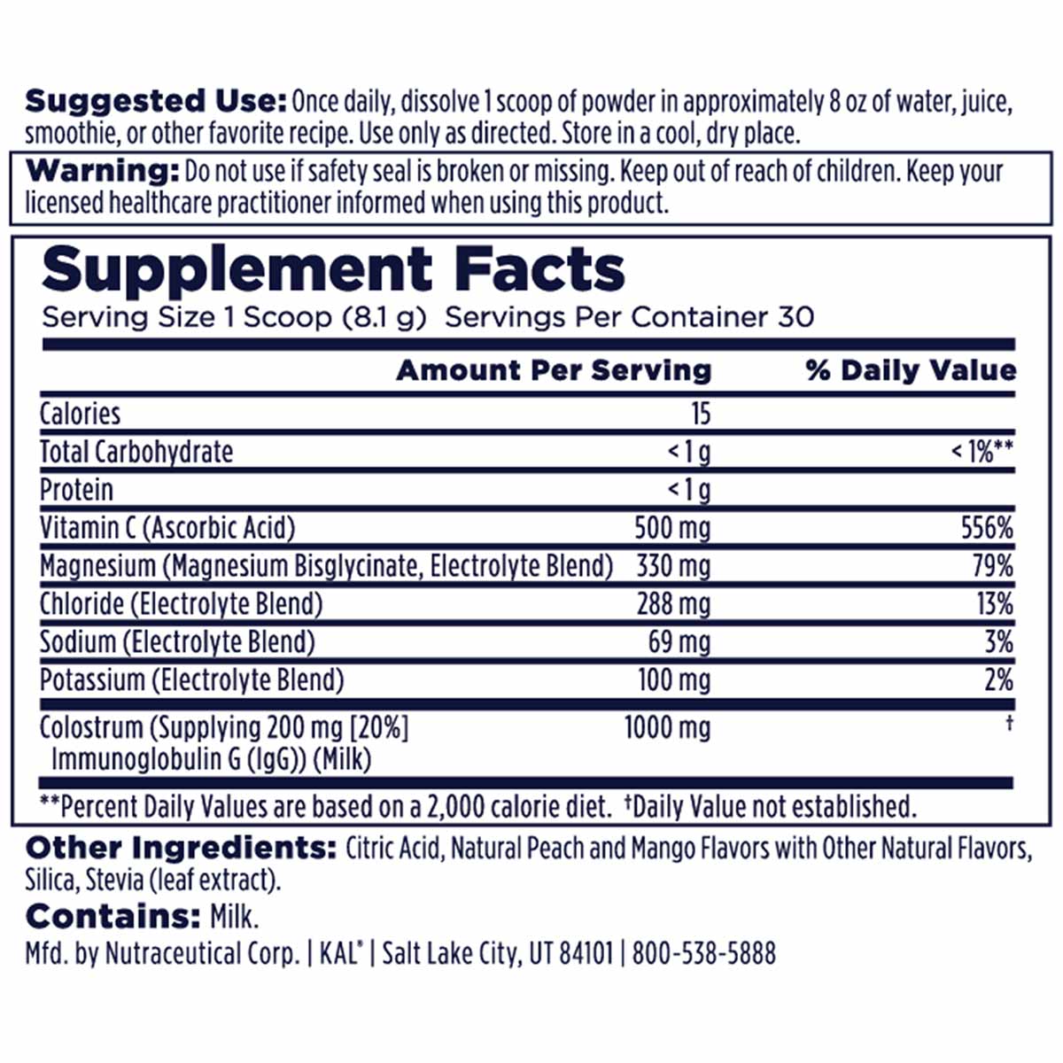 Supplement Facts label for Kal Super Colostrum + Mag Powder showing serving size, nutritional information, and ingredients in