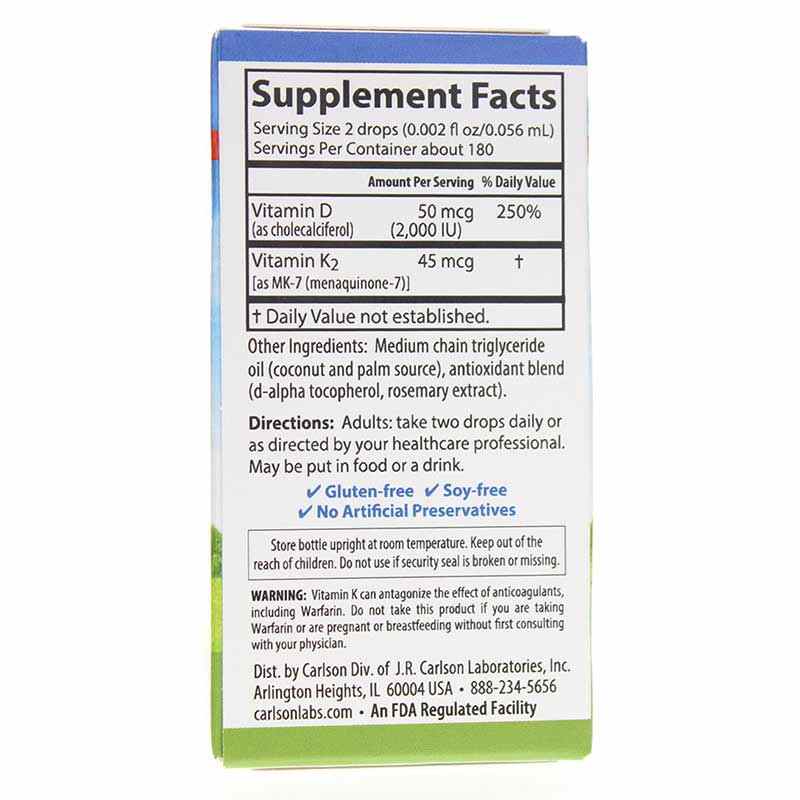 Super Daily D3 + K2 Liquid (2,000 IU/45 Mcg), 360 Veg Drops, by Carlson Labs, image #3