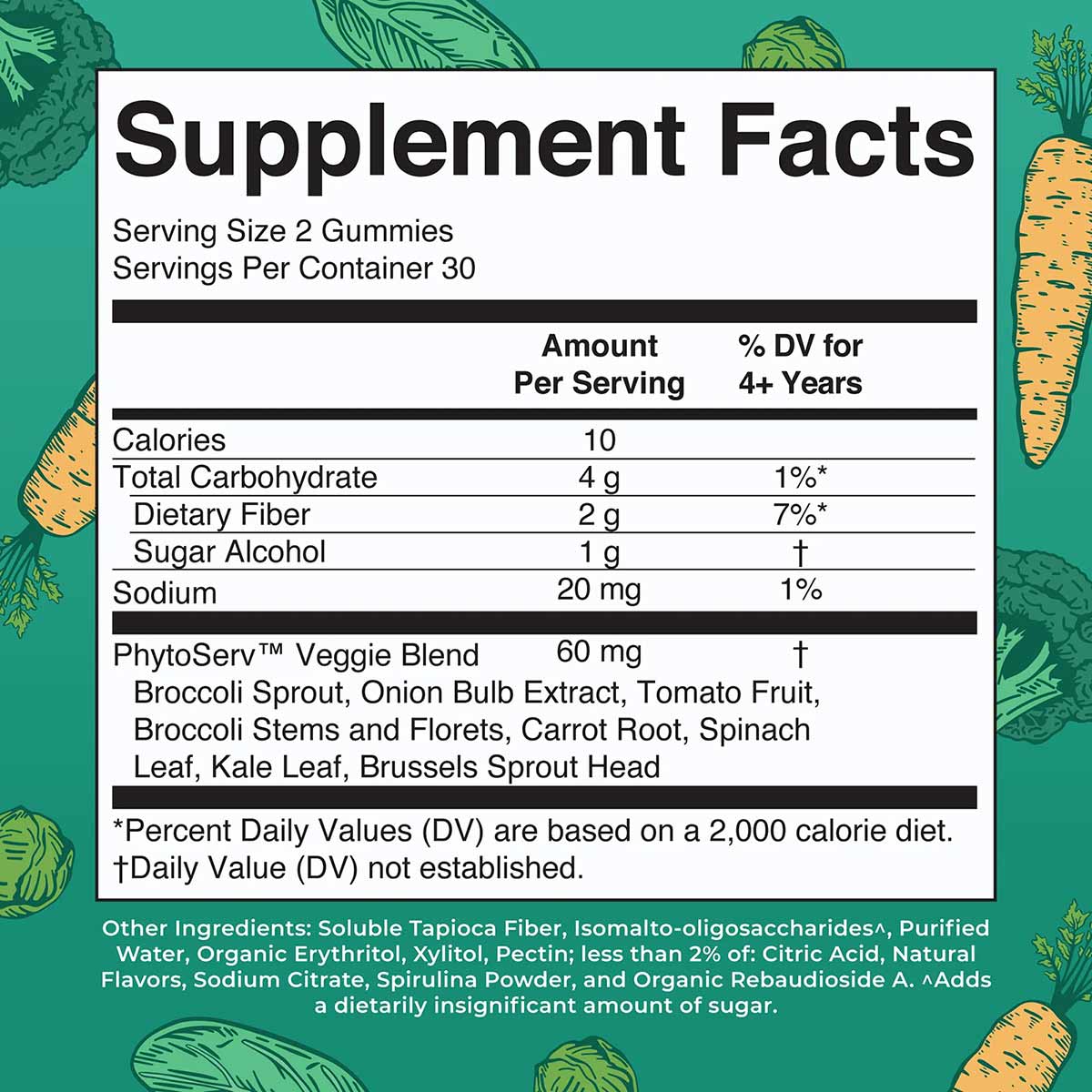 Supplement Facts label for Super Greens Gummies showing serving size, nutritional information, and vegetable ingredients on t