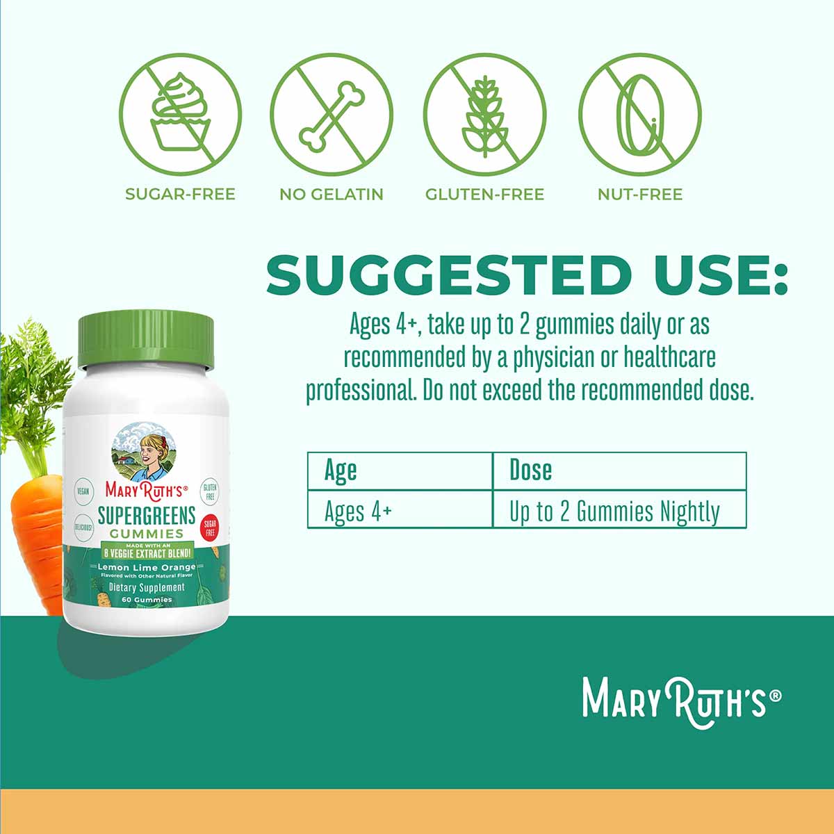 MaryRuth's Supergreens Gummies bottle with green cap, featuring sugar-free, no gelatin, gluten-free, and nut-free icons above