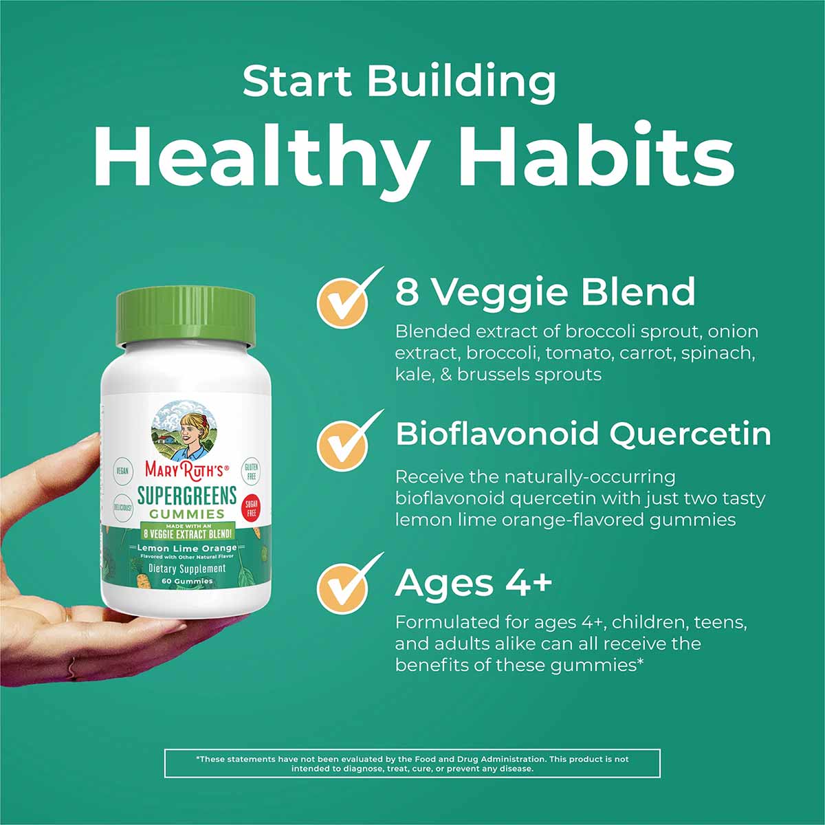 Bottle of MaryRuth's Super Greens Gummies with green cap held in hand against teal background with product information text.