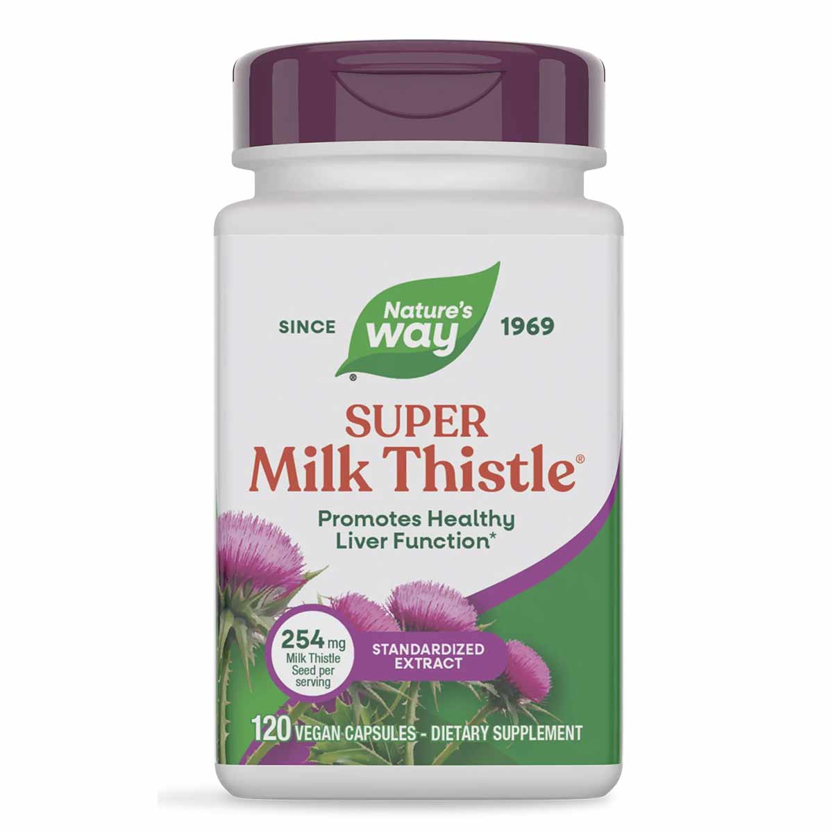 White bottle with purple cap containing Nature's Way Super Milk Thistle dietary supplement, 120 vegan capsules, featuring pur