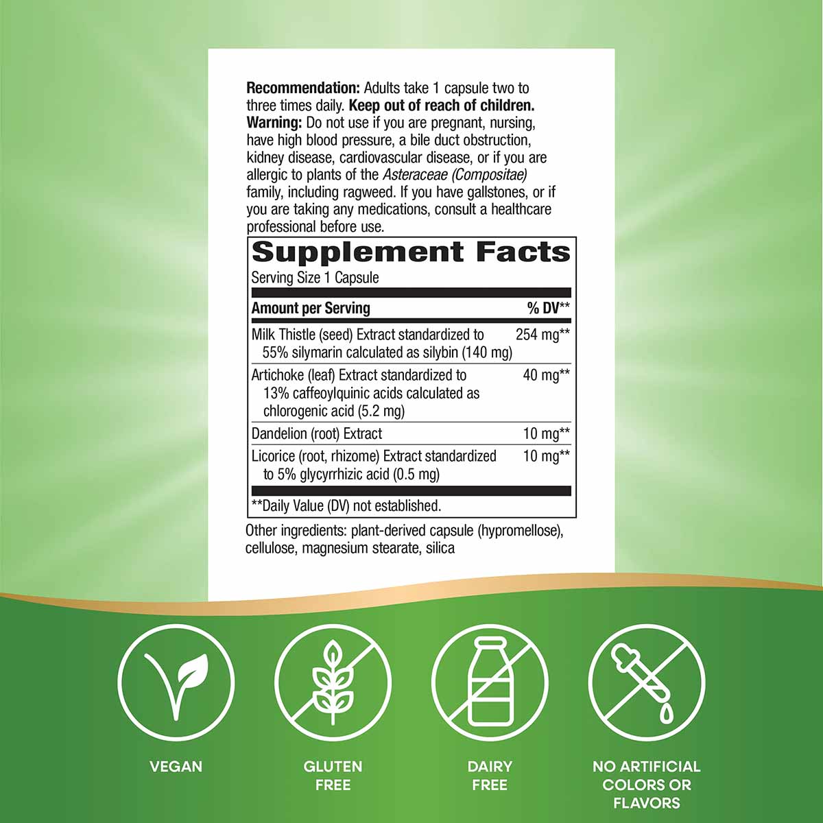 Supplement label for Nature's Way Super Milk Thistle showing usage directions, supplement facts with milk thistle and articho
