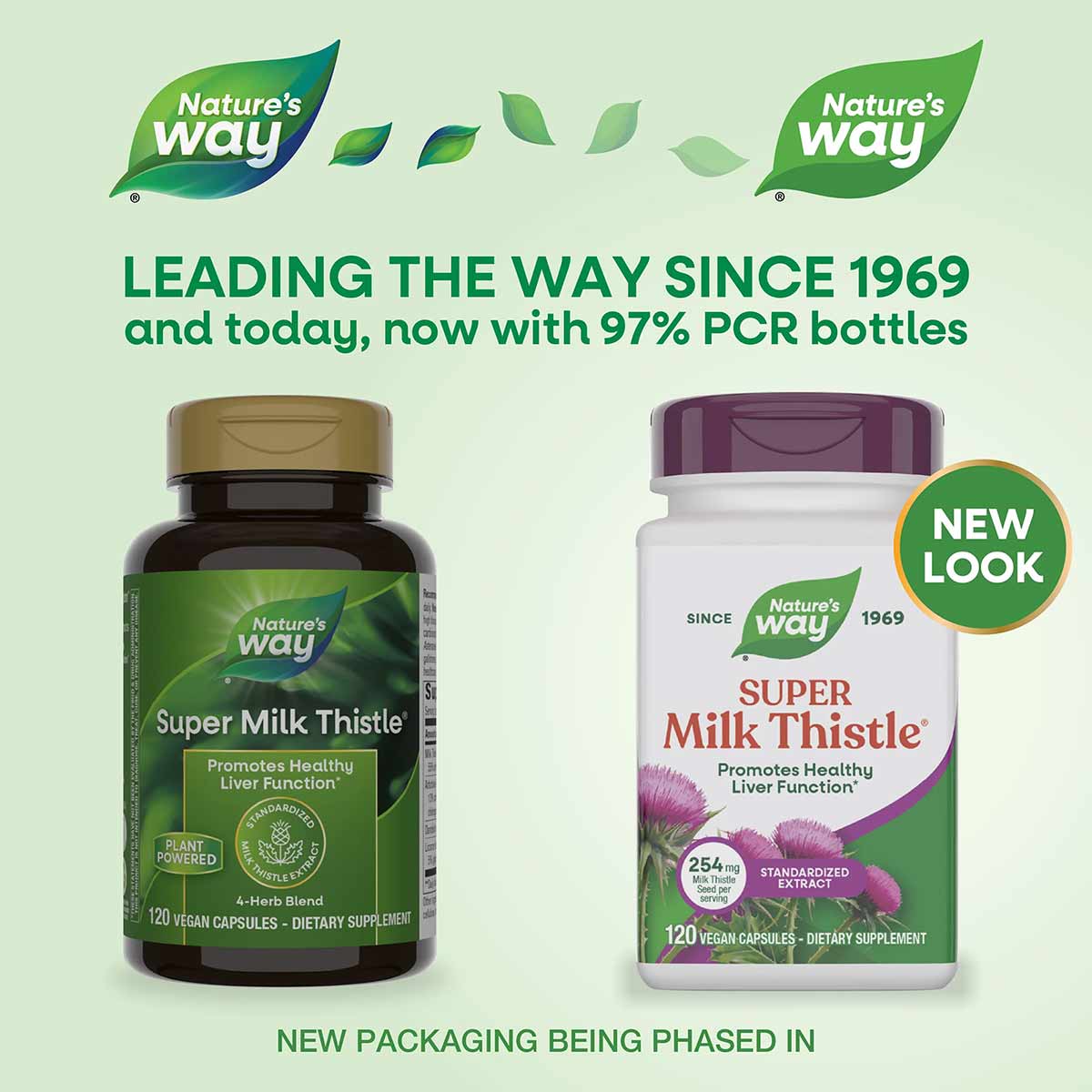 Nature's Way Super Milk Thistle supplement bottles in dark brown and white containers with purple accents, labeled 120 vegan 