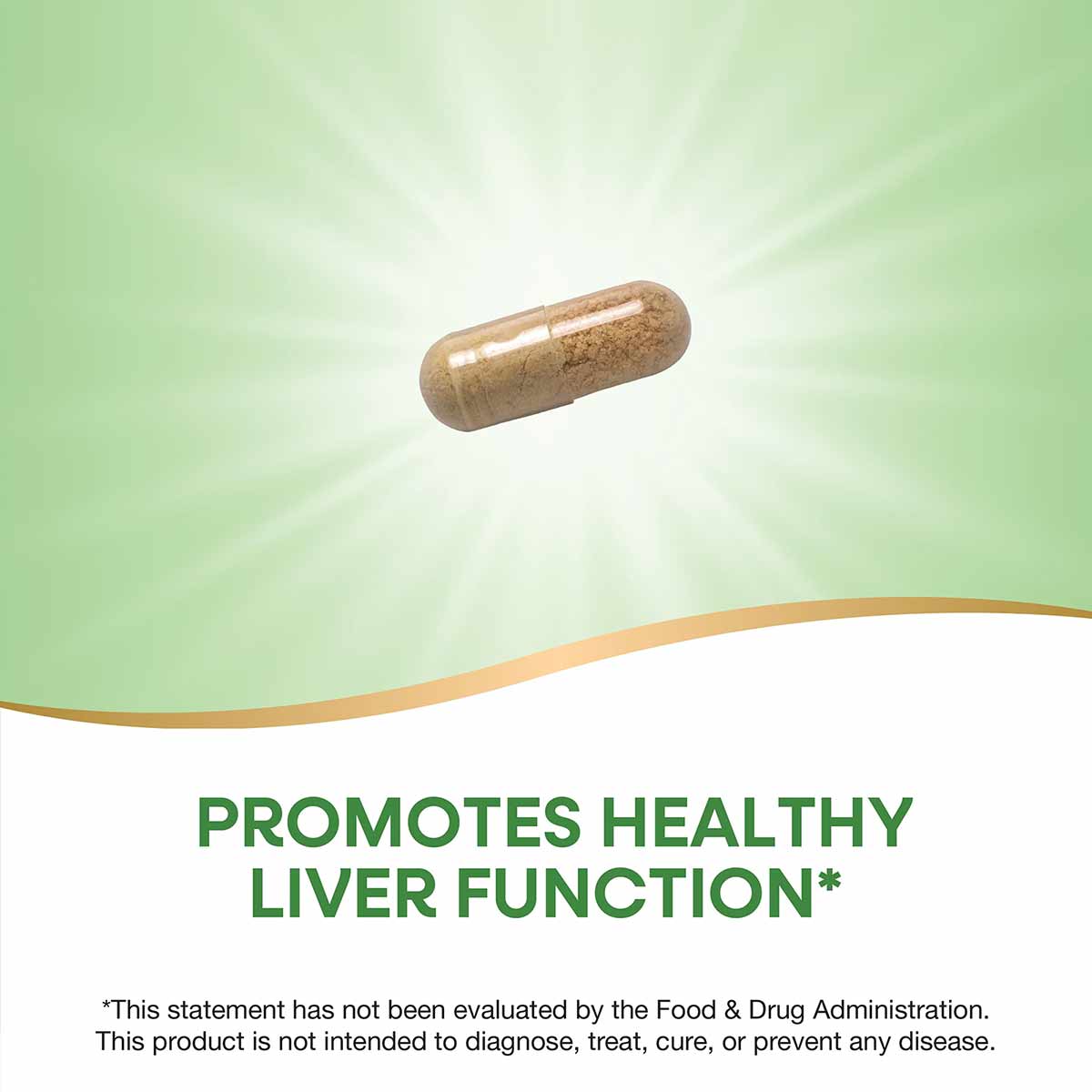 Brown capsule supplement on green and white gradient background.