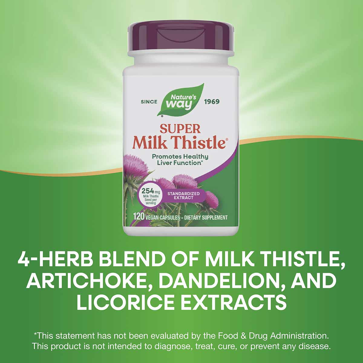White bottle with purple cap containing Nature's Way Super Milk Thistle dietary supplement with 120 vegan capsules.