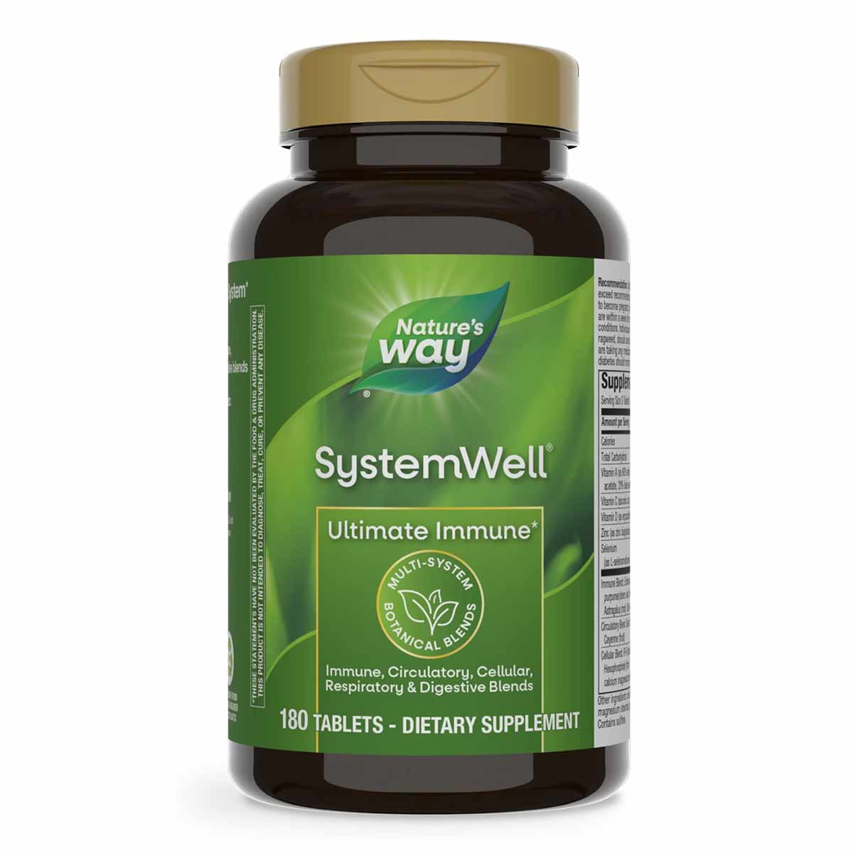 Brown bottle with gold cap and green label showing SystemWell Ultimate Immune dietary supplement, 180 tablets.