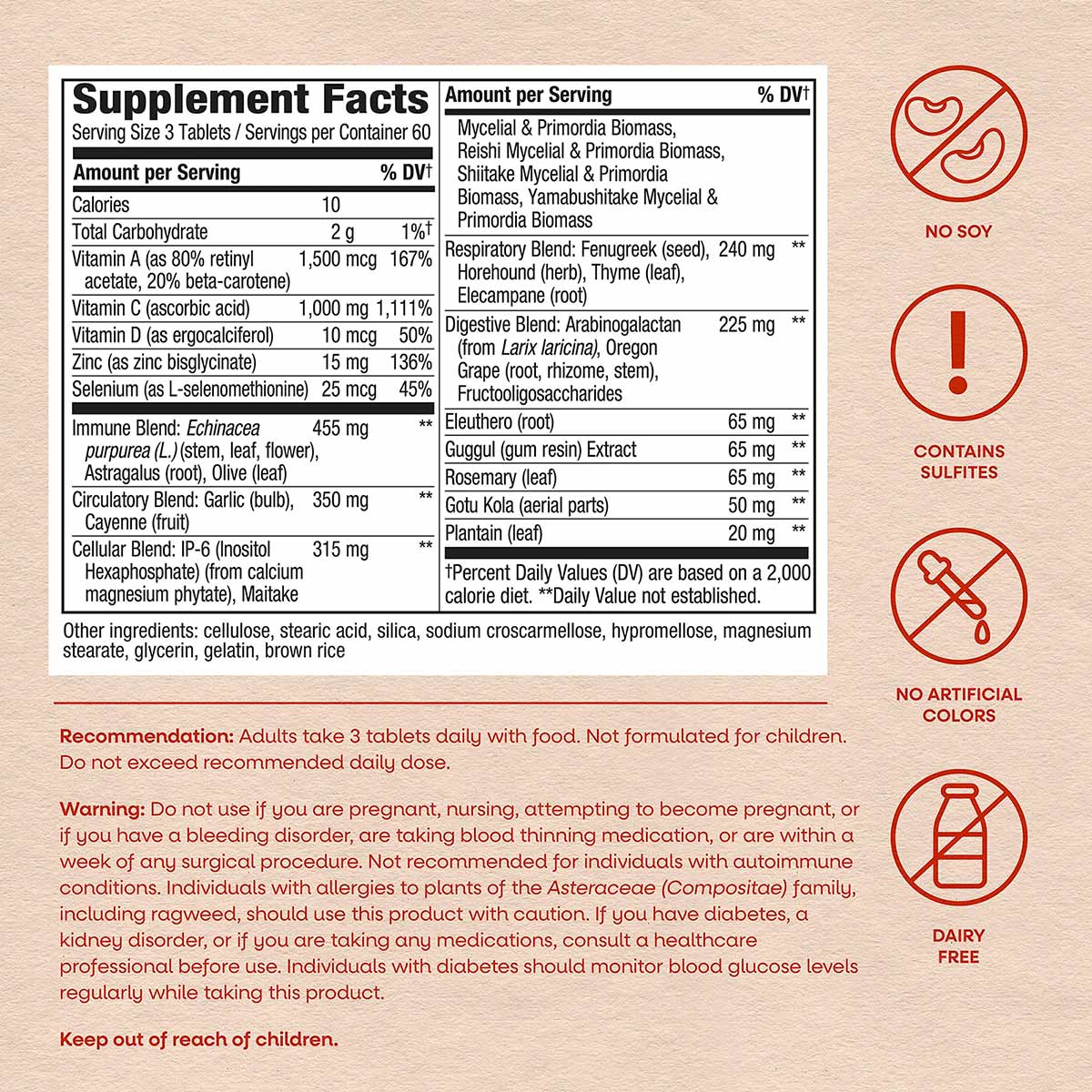 Supplement Facts label for SystemWell Ultimate Immunity tablets showing ingredients including vitamins, minerals, herbal blen