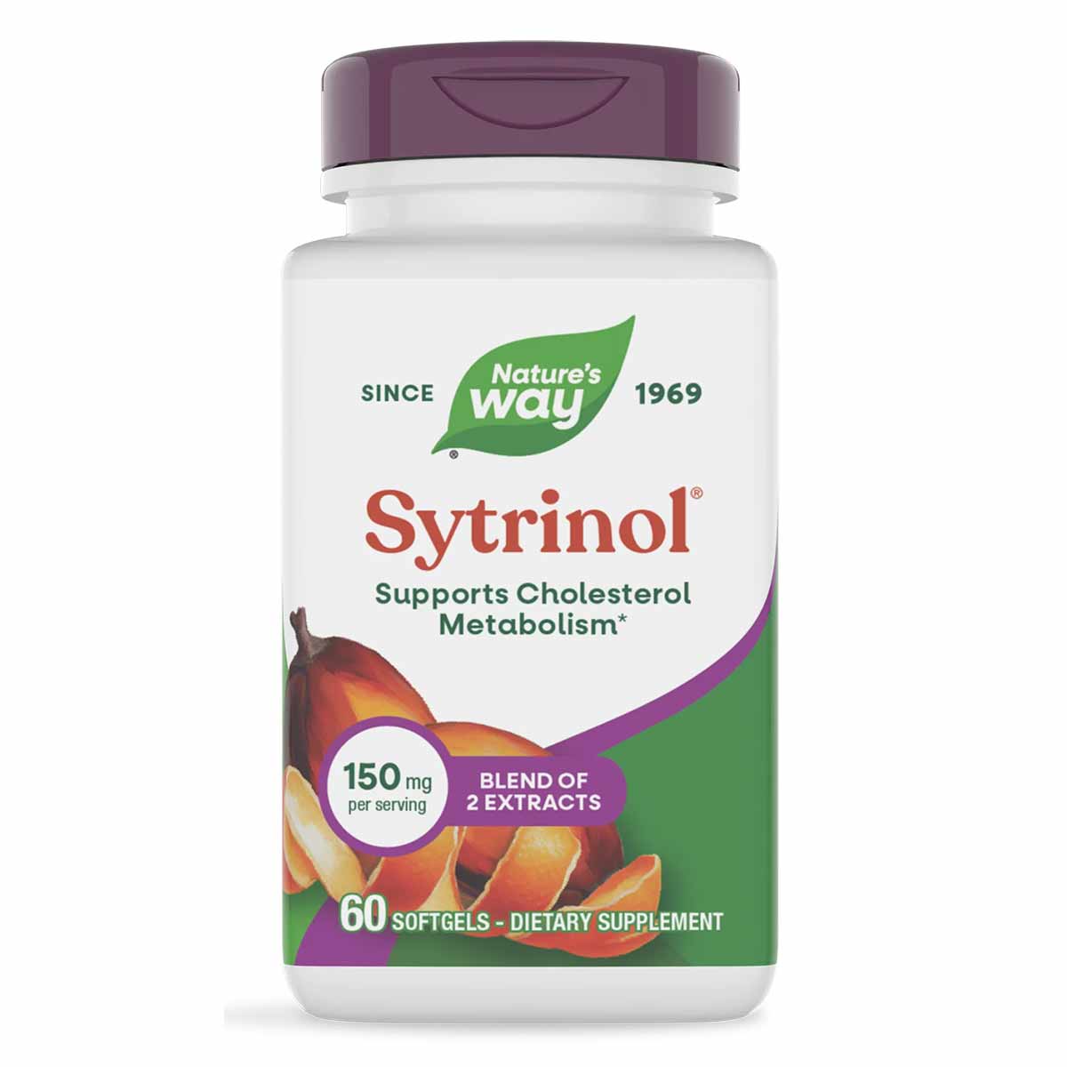 Nature's Way Sytrinol cholesterol support supplement bottle with purple cap containing 60 softgels.
