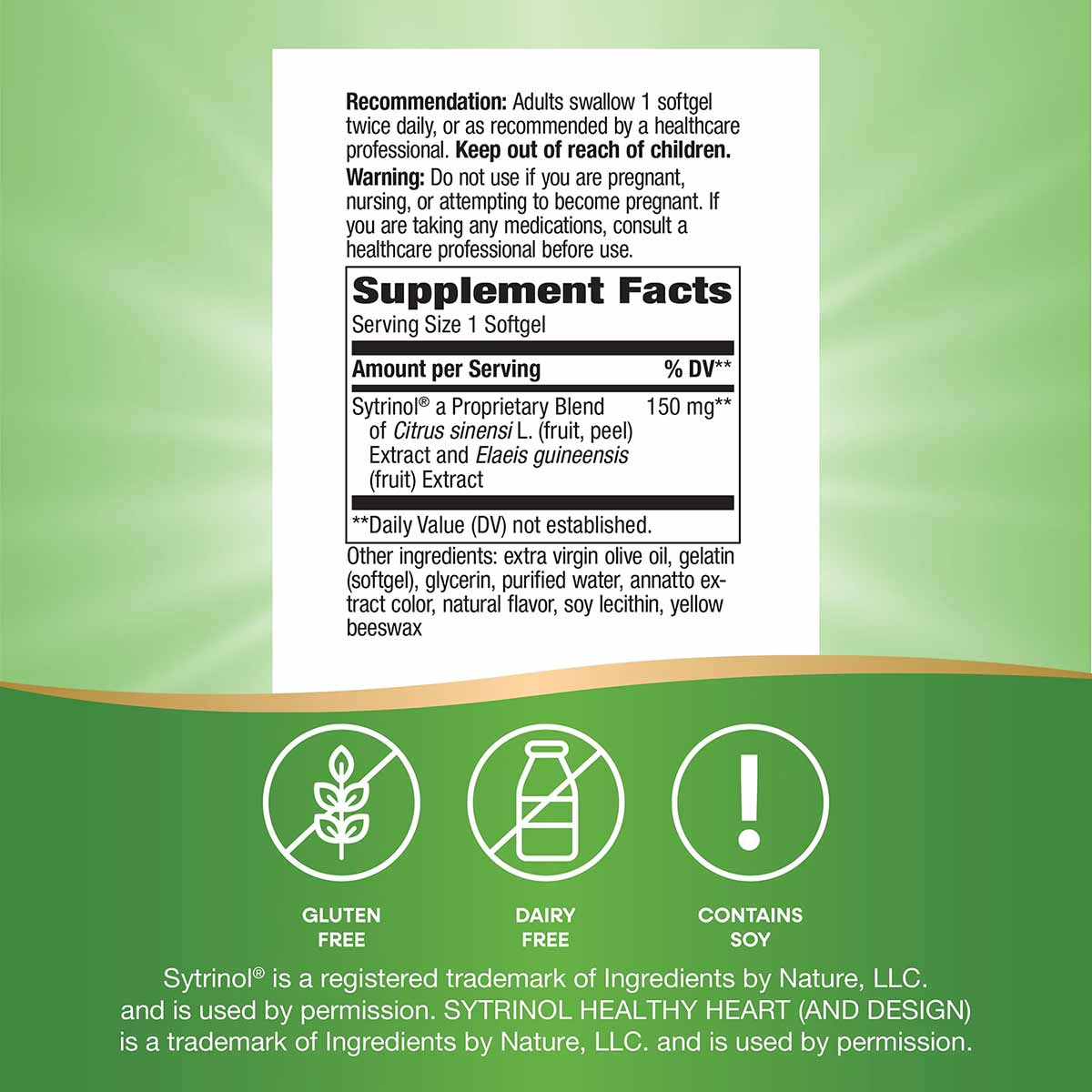 Sytrinol Cholesterol Control supplement facts label showing softgel dosage, ingredient blend, and gluten-free, dairy-free, so