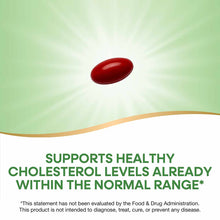 Red oval capsule supplement against green and white background with text about cholesterol support.