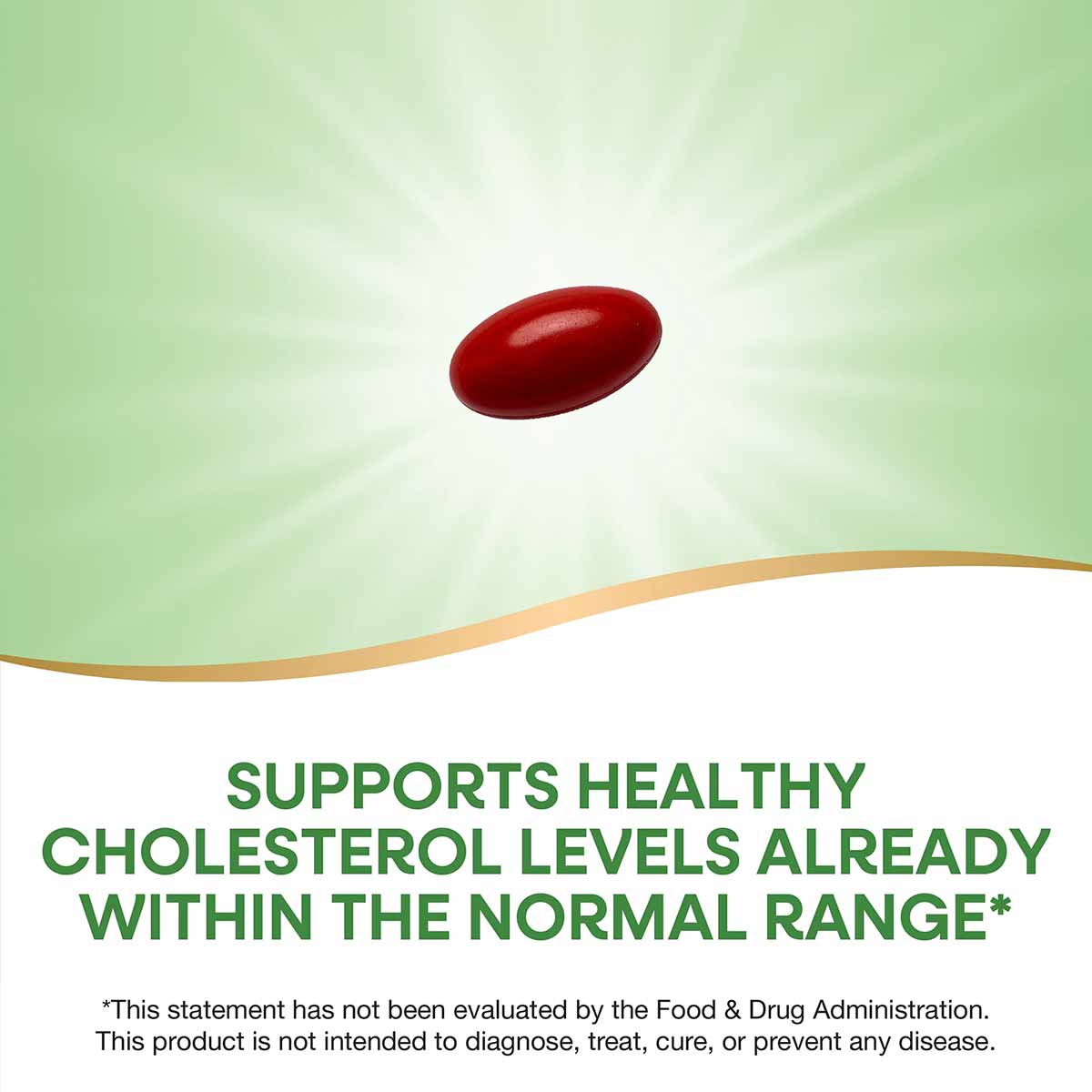 Red oval capsule supplement against green and white background with text about cholesterol support.