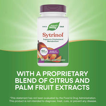 White bottle with purple cap labeled Sytrinol by Nature's Way, 60 softgels, featuring citrus and palm fruit imagery.