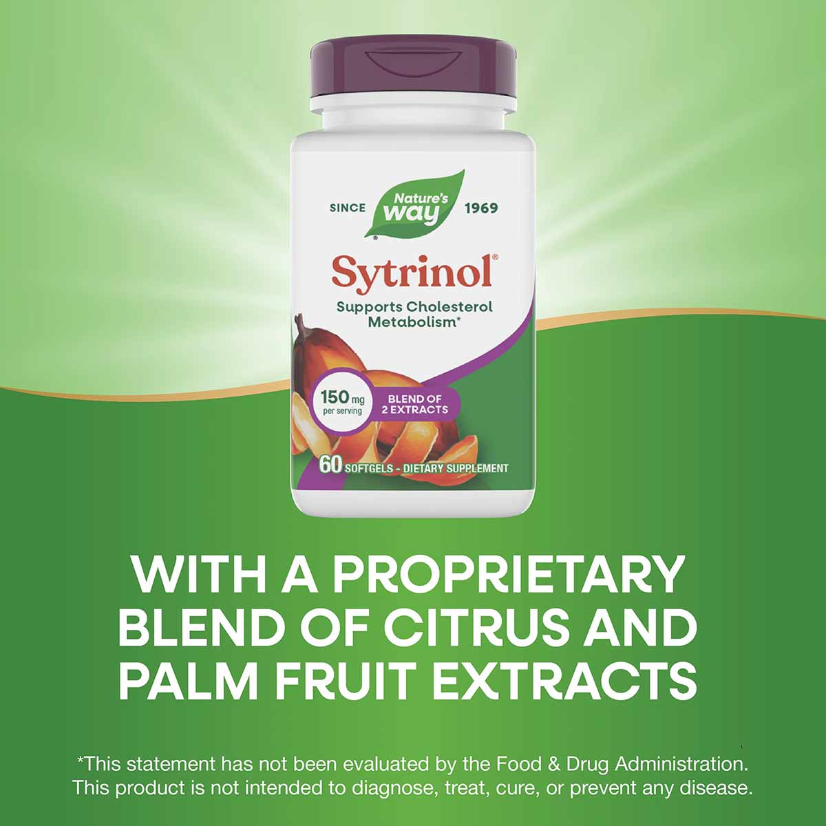 White bottle with purple cap labeled Sytrinol by Nature's Way, 60 softgels, featuring citrus and palm fruit imagery.
