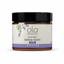 Amber glass jar of Ola Botanicals lavender tallow balm body product with black lid and purple label, 2 oz.
