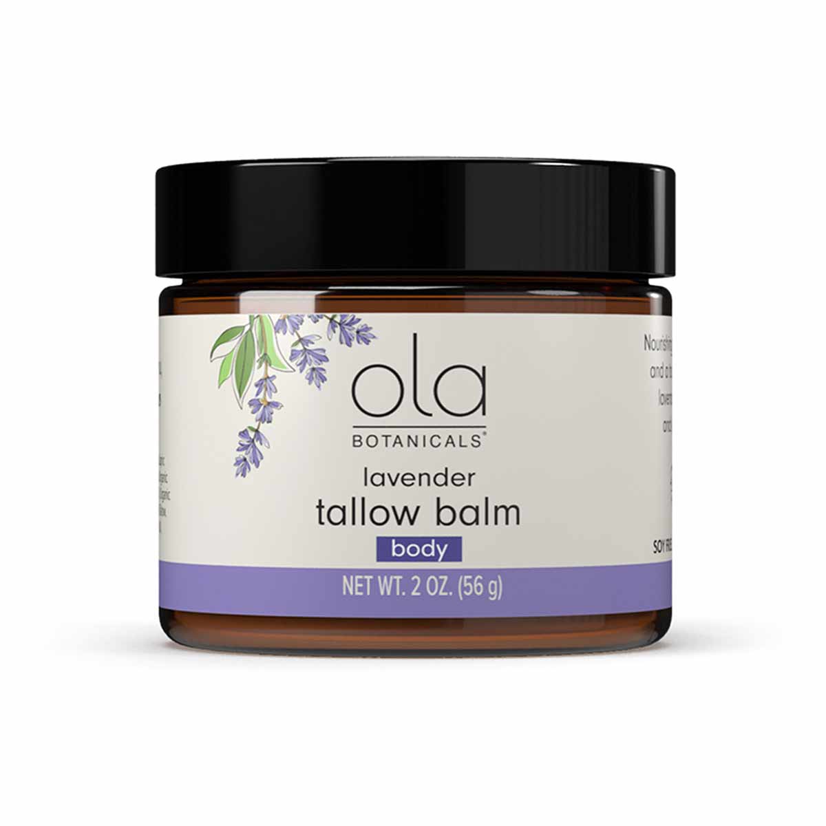 Amber glass jar of Ola Botanicals lavender tallow balm body product with black lid and purple label, 2 oz.