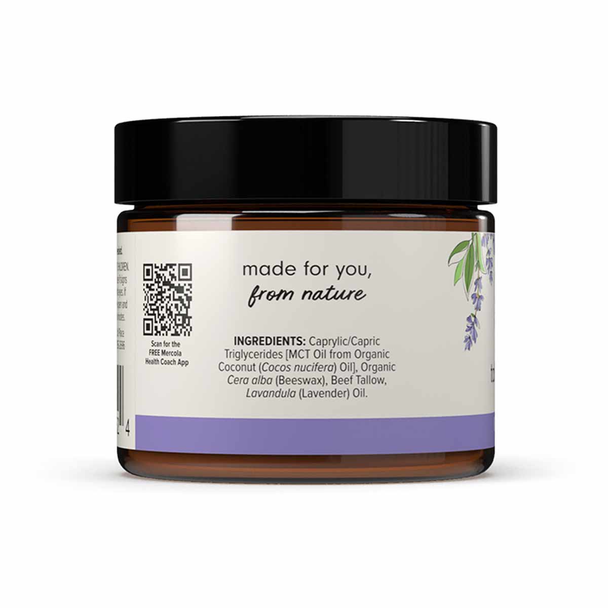 Brown glass jar with black lid containing tallow balm, labeled with lavender graphics and ingredient list.