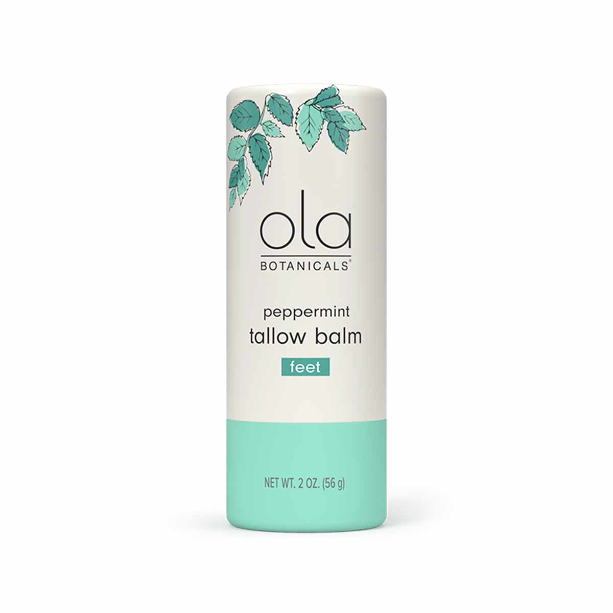 Cylindrical white and mint green stick labeled "ola Botanicals peppermint tallow balm feet," 2 oz, with leaf illustration on 