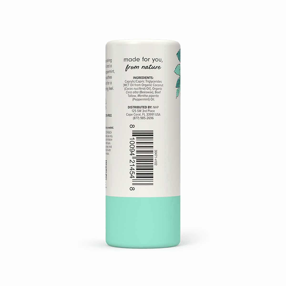 Cylindrical stick balm with cream and turquoise label showing ingredients and barcode for Ola Botanicals foot balm.