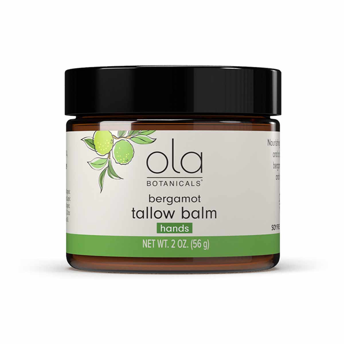 Amber glass jar with black lid containing bergamot tallow balm for hands by Ola Botanicals, 2 oz.