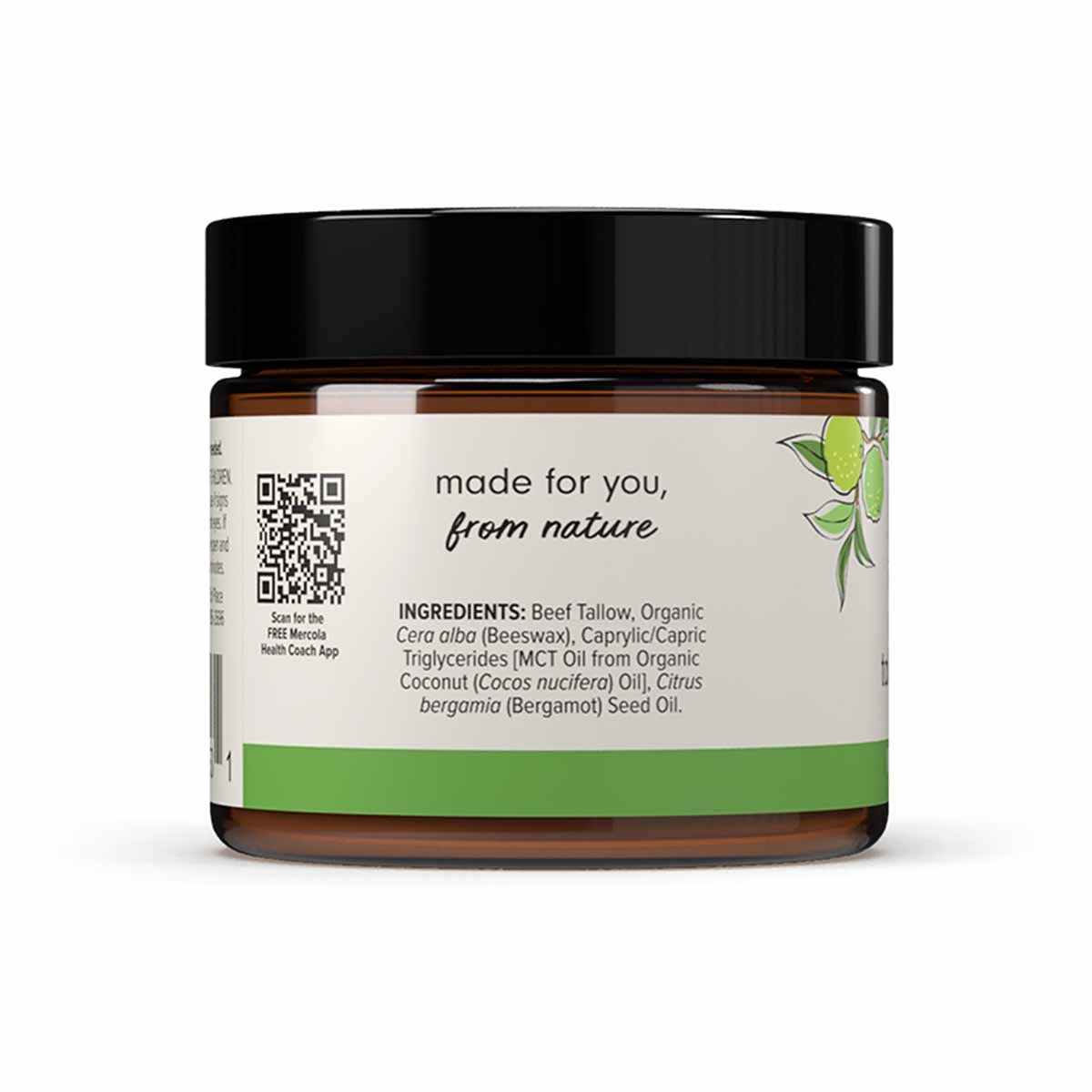 Amber glass jar with black lid containing cream-colored balm, labeled with ingredients and "made for you, from nature" text.