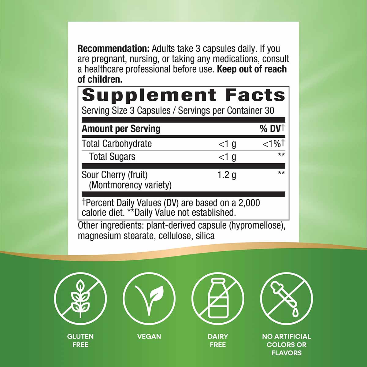 Supplement Facts label for Tart Cherry Ultra Capsules showing dosage, ingredients, and certification icons for gluten-free, v