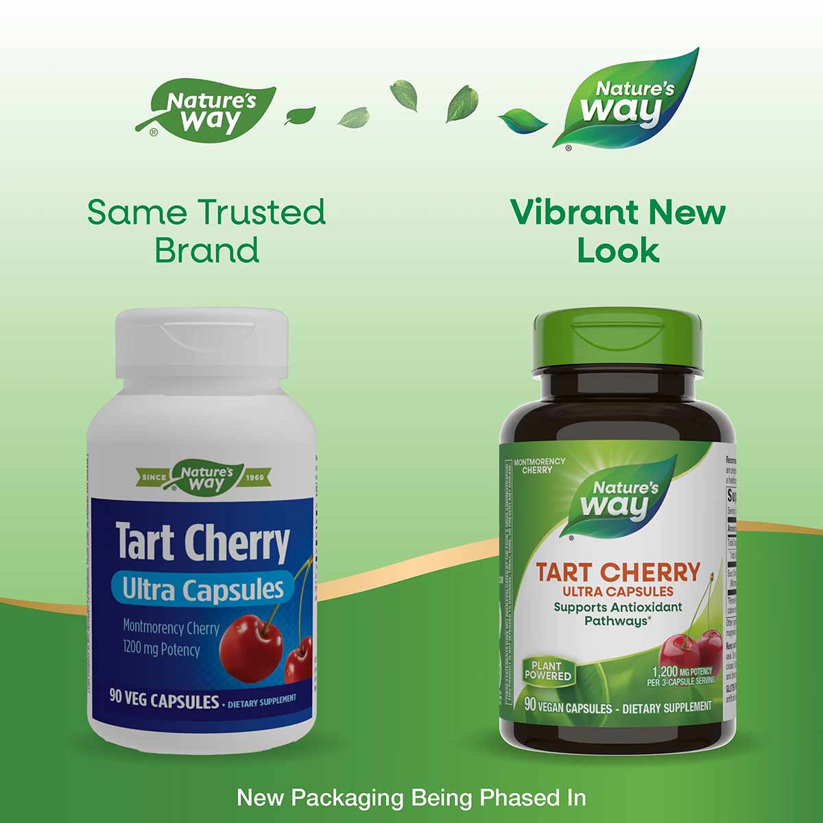 Two bottles of Nature's Way Tart Cherry Ultra Capsules showing old white packaging and new green packaging side by side.