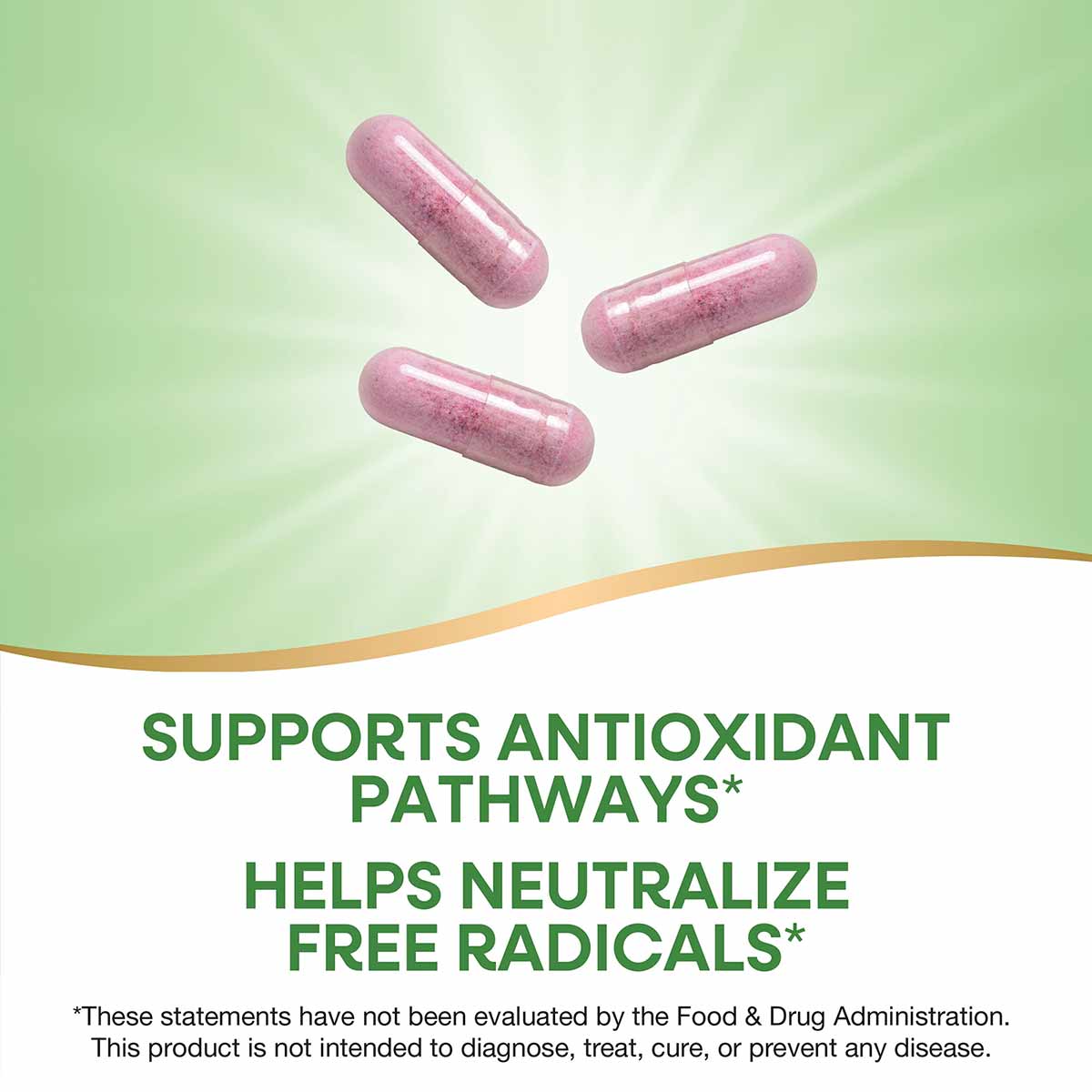 Three pink tart cherry capsules on a light green background.