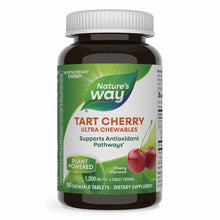 Brown bottle of Nature's Way Tart Cherry Ultra Chewables with green and white label, white cap, containing 90 cherry-flavored