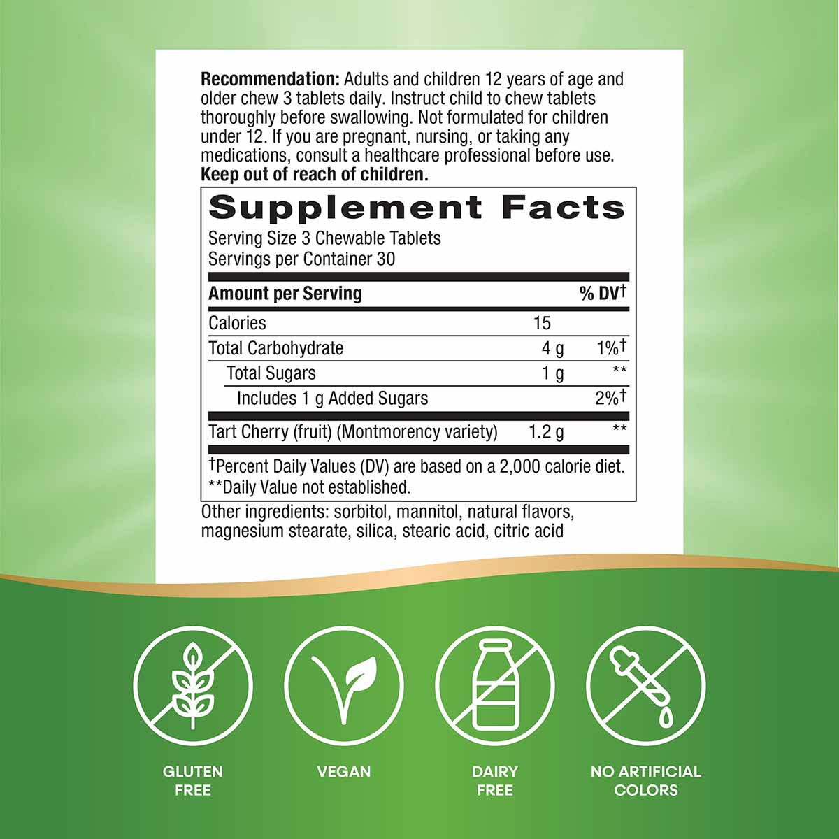 Supplement Facts label for Tart Cherry Ultra chewable tablets with ingredient information and dietary attribute icons on gree