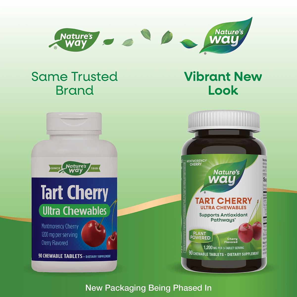 Two Nature's Way Tart Cherry Ultra Chewables bottles side by side showing old white packaging and new dark glass packaging wi