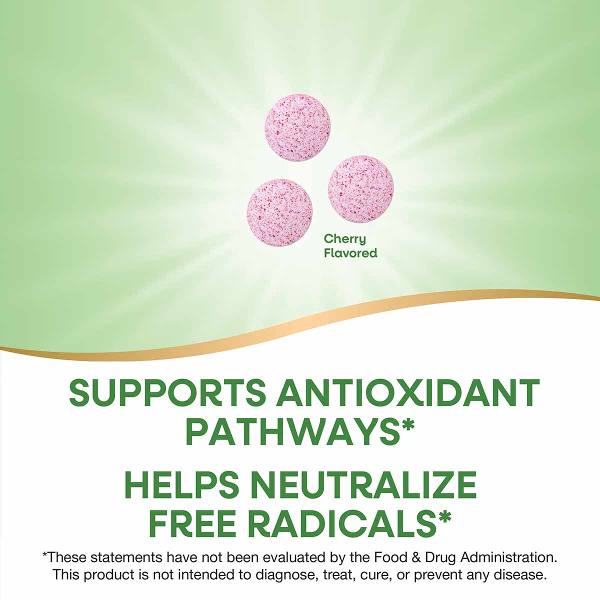 Three pink, speckled cherry-flavored chewable tablets on a green and white gradient background.