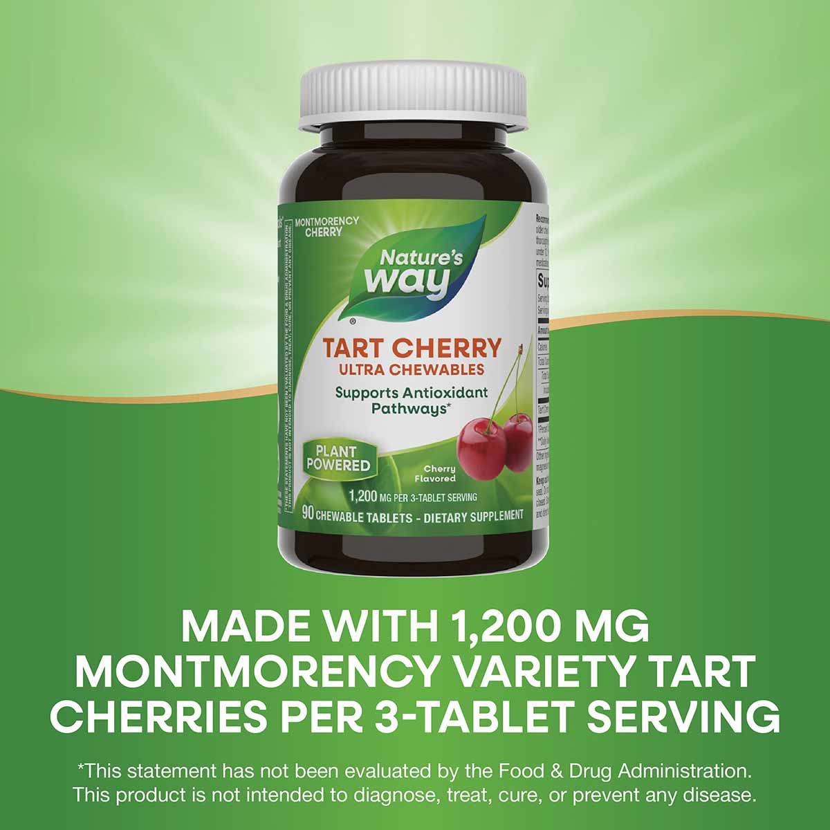 Dark glass bottle of Nature's Way Tart Cherry Ultra Chewables with white cap and green label on green background.