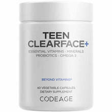 White cylindrical bottle of Teen ClearFace dietary supplement containing 60 vegetable capsules with ingredient labels.