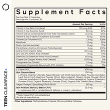 Supplement Facts label for Teen ClearFace capsules listing vitamins, minerals, amino acids, botanical extracts, and probiotic