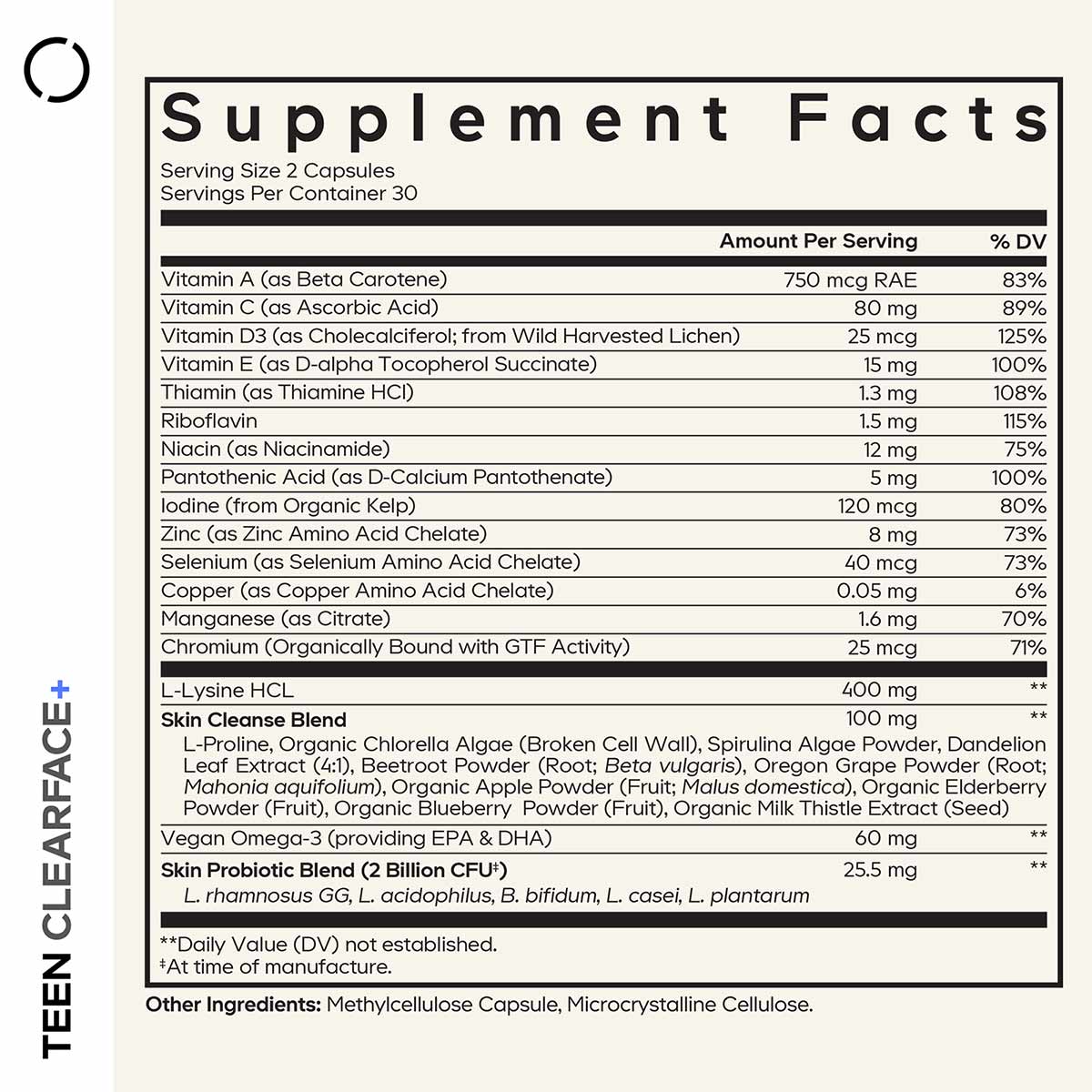 Supplement Facts label for Teen ClearFace capsules listing vitamins, minerals, amino acids, botanical extracts, and probiotic