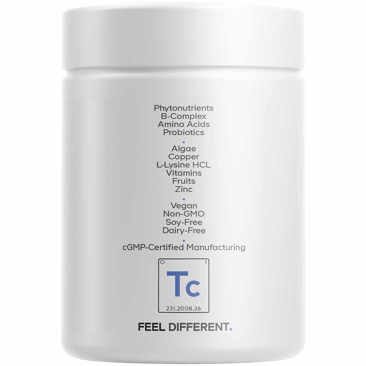 White cylindrical supplement bottle labeled Teen ClearFace containing phytonutrients, B-complex, amino acids, probiotics, alg