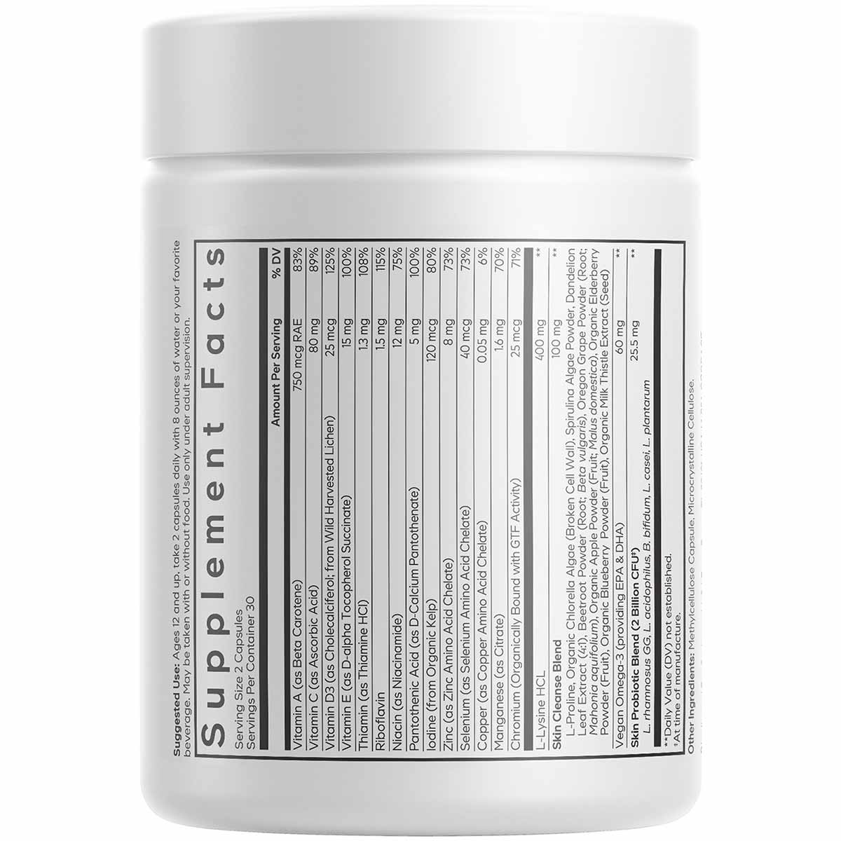 White supplement container with white lid and black nutrition label listing ingredients and serving information.