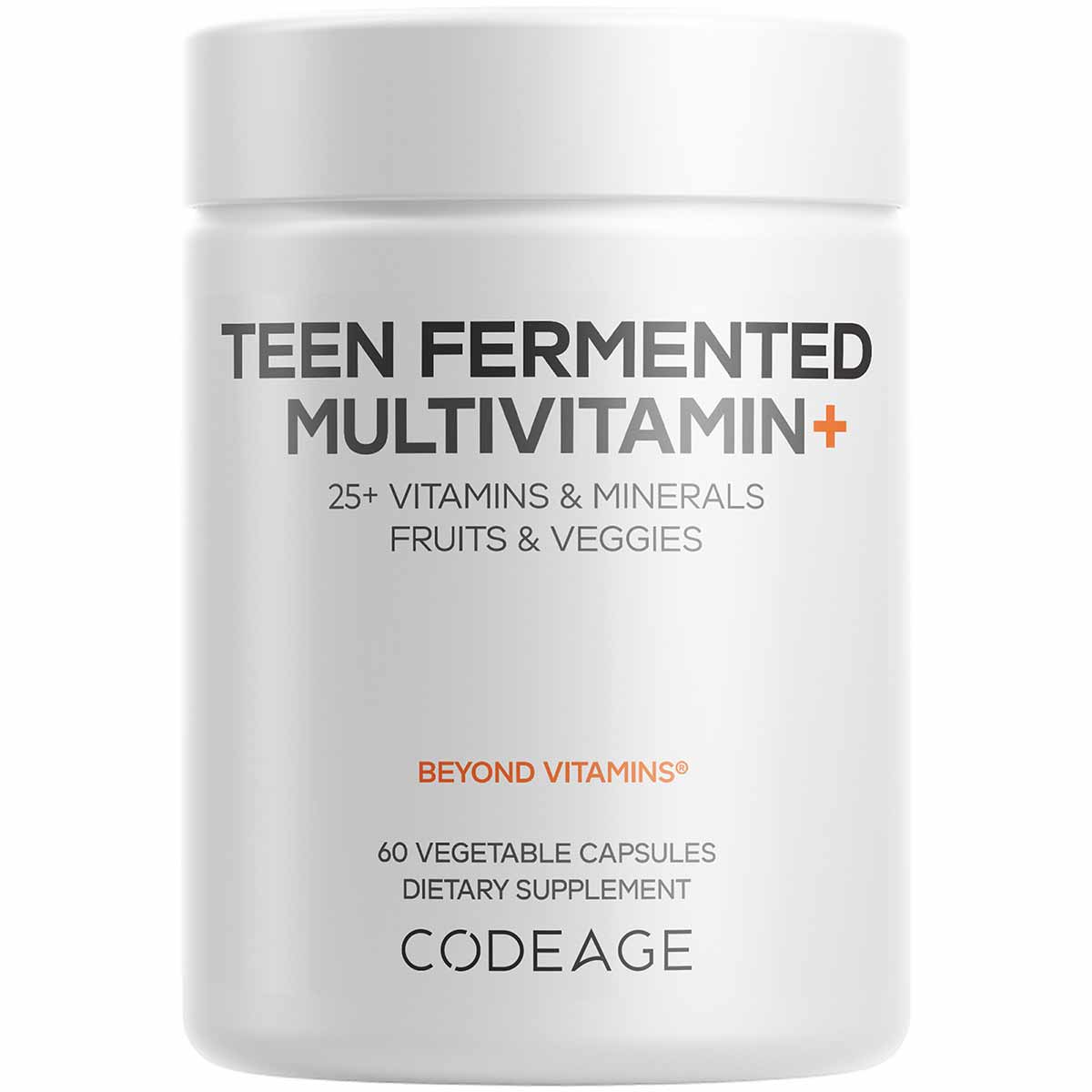 White cylindrical bottle of Codeage Teen Fermented Multivitamin with white cap, labeled with product name and 60 vegetable ca