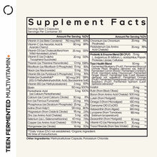 Supplement Facts label for Teen Fermented Multivitamin showing serving size, vitamin and mineral amounts with daily value per