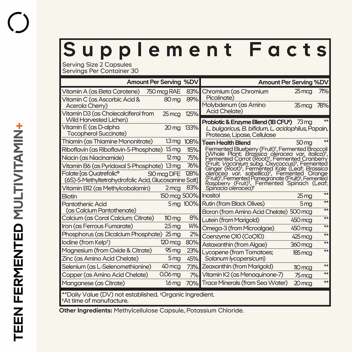 Supplement Facts label for Teen Fermented Multivitamin showing serving size, vitamin and mineral amounts with daily value per